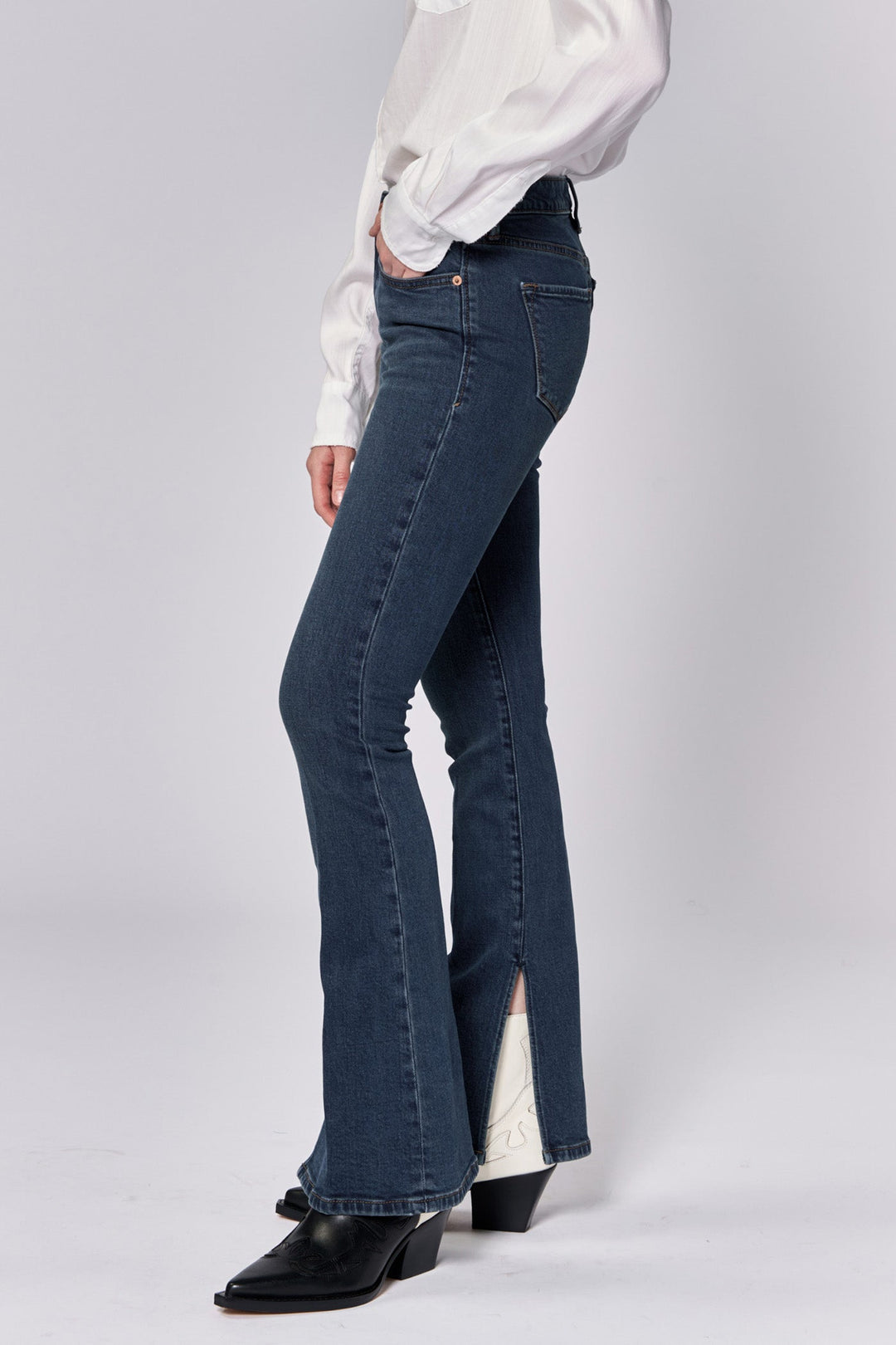 image of a female model wearing a JAXTYN MID RISE FULL INSEAM BOOTCUT JEANS GARNISH DEAR JOHN DENIM 