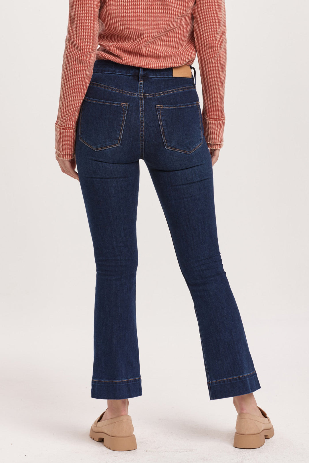 image of a female model wearing a JEANNE HIGH RISE CROPPED FLARE JEANS STAR DEMAND DEAR JOHN DENIM 