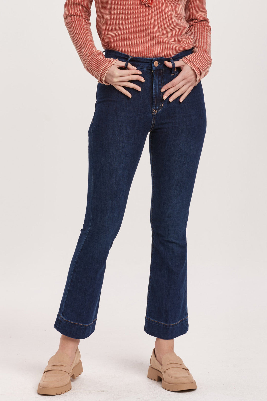 image of a female model wearing a JEANNE HIGH RISE CROPPED FLARE JEANS STAR DEMAND DEAR JOHN DENIM 