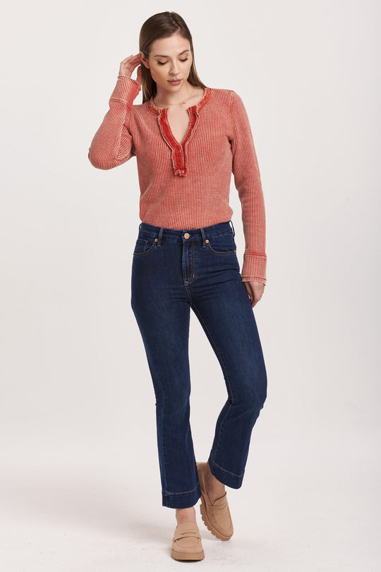 image of a female model wearing a JEANNE HIGH RISE CROPPED FLARE JEANS STAR DEMAND DEAR JOHN DENIM 