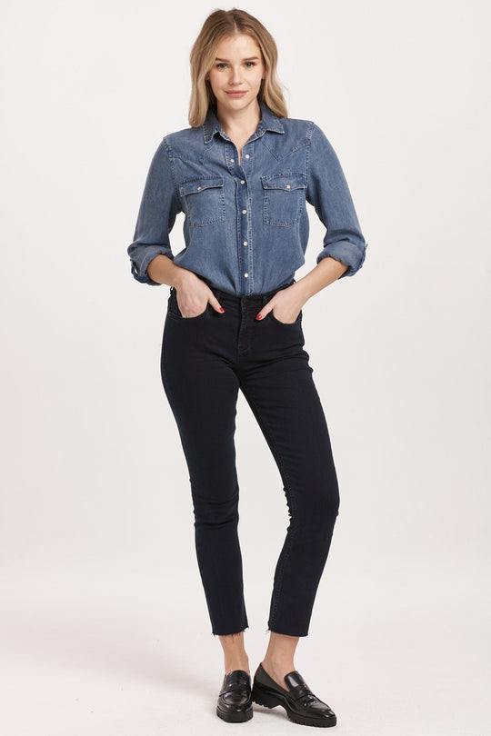 image of a female model wearing a BLAIRE MID RISE SLIM STRAIGHT JEANS YORKVILLE DEAR JOHN DENIM 