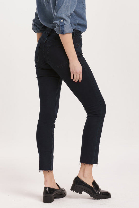 image of a female model wearing a BLAIRE MID RISE SLIM STRAIGHT JEANS YORKVILLE DEAR JOHN DENIM 