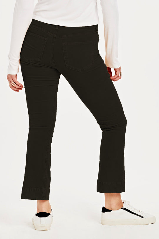 image of a female model wearing a JEANNE SUPER HIGH RISE CROPPED FLARE CORDUROY PANTS BLACK DEAR JOHN DENIM 