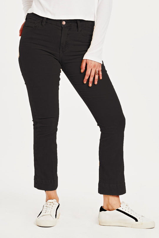 image of a female model wearing a JEANNE SUPER HIGH RISE CROPPED FLARE CORDUROY PANTS BLACK DEAR JOHN DENIM 