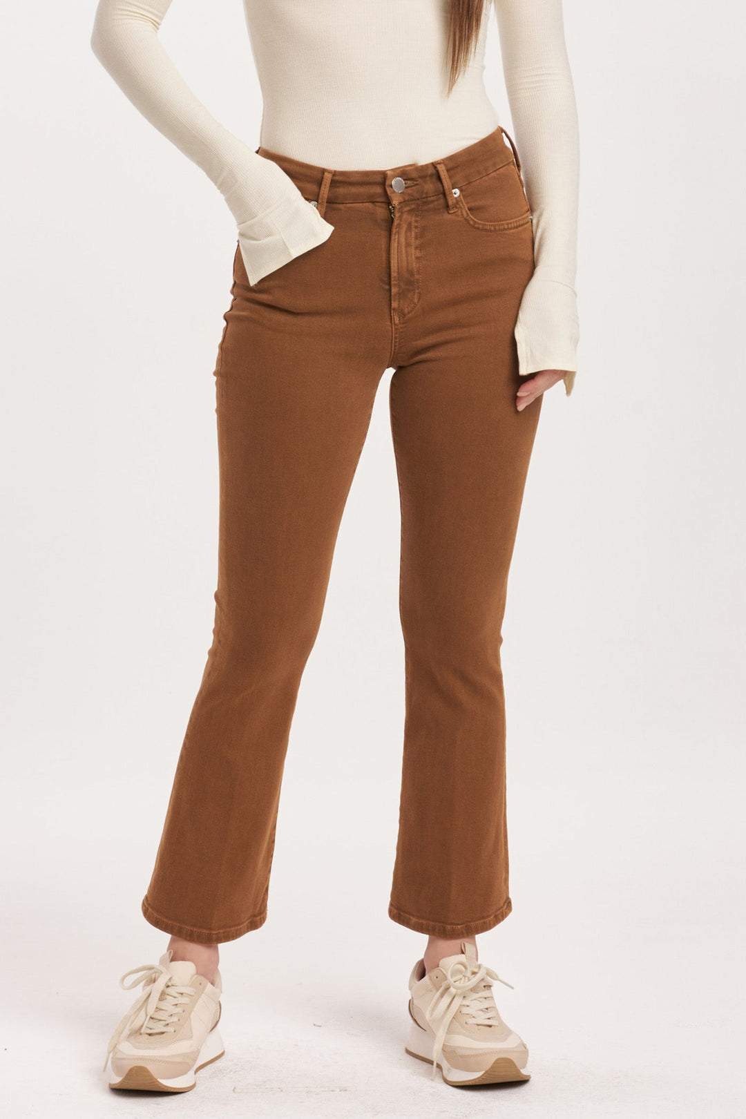 image of a female model wearing a JEANNE HIGH RISE CROPPED FLARE JEANS BURNT SIENNA DEAR JOHN DENIM 