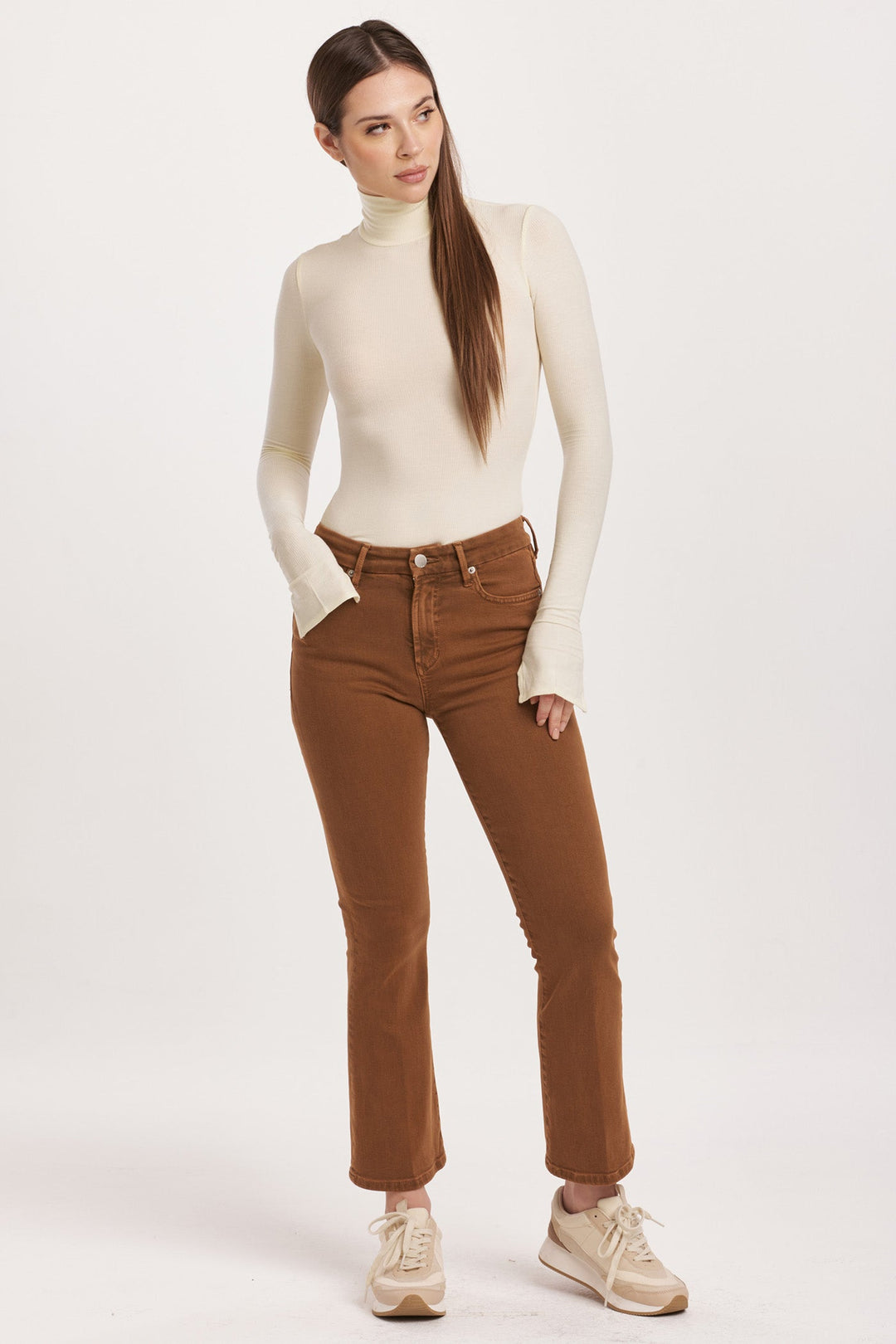 image of a female model wearing a JEANNE HIGH RISE CROPPED FLARE JEANS BURNT SIENNA DEAR JOHN DENIM 