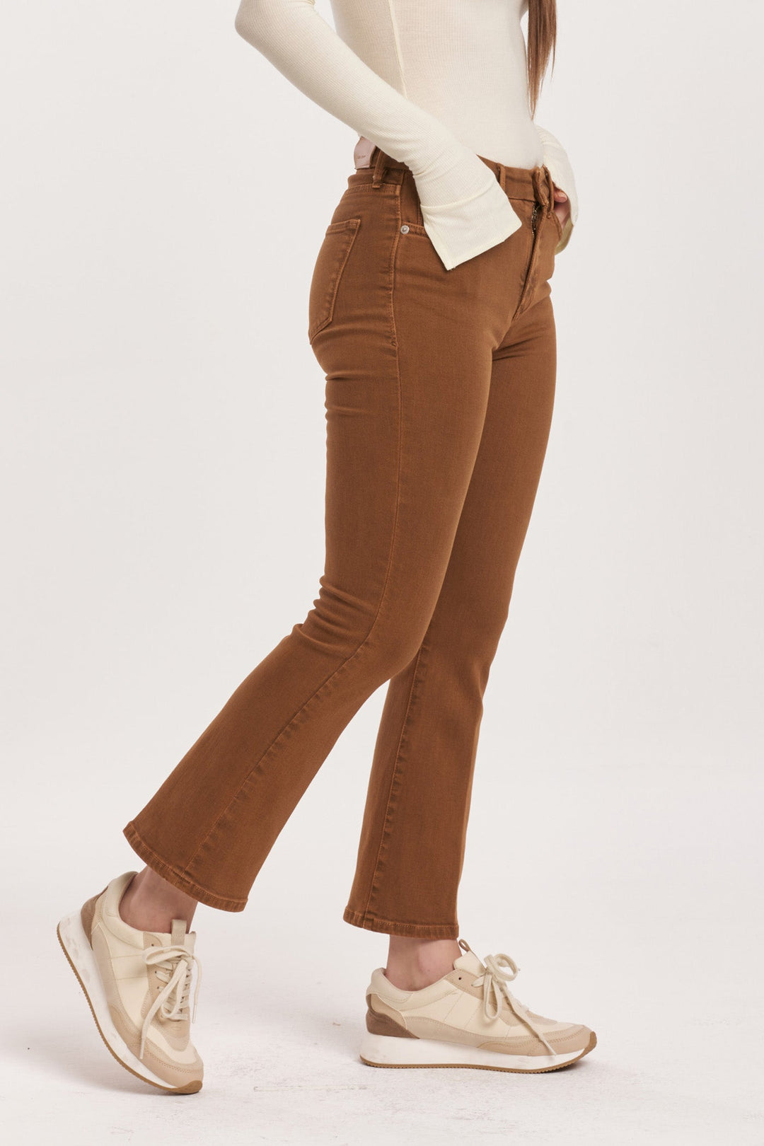 image of a female model wearing a JEANNE HIGH RISE CROPPED FLARE JEANS BURNT SIENNA DEAR JOHN DENIM 