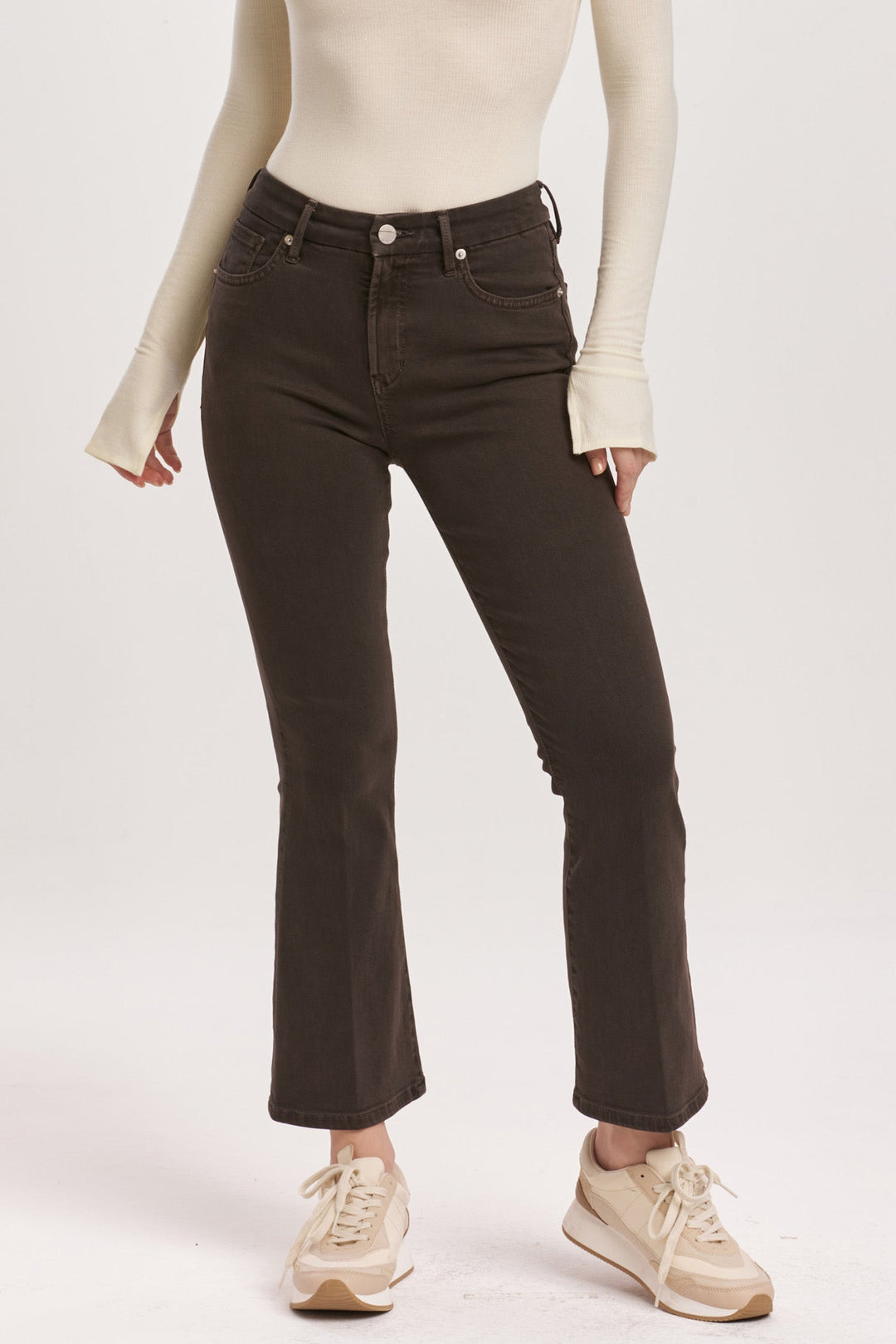 image of a female model wearing a JEANNE HIGH RISE CROPPED FLARE JEANS GROUND COFFEE DEAR JOHN DENIM 