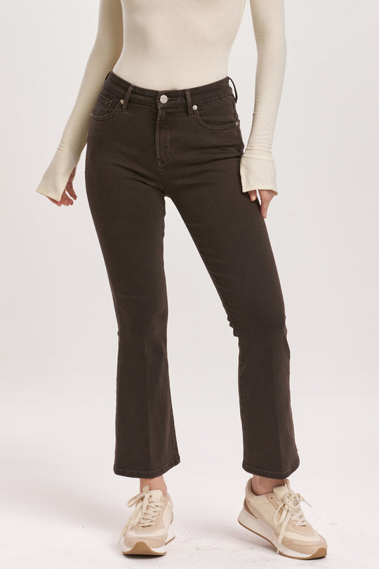 image of a female model wearing a JEANNE HIGH RISE CROPPED FLARE JEANS GROUND COFFEE DEAR JOHN DENIM 