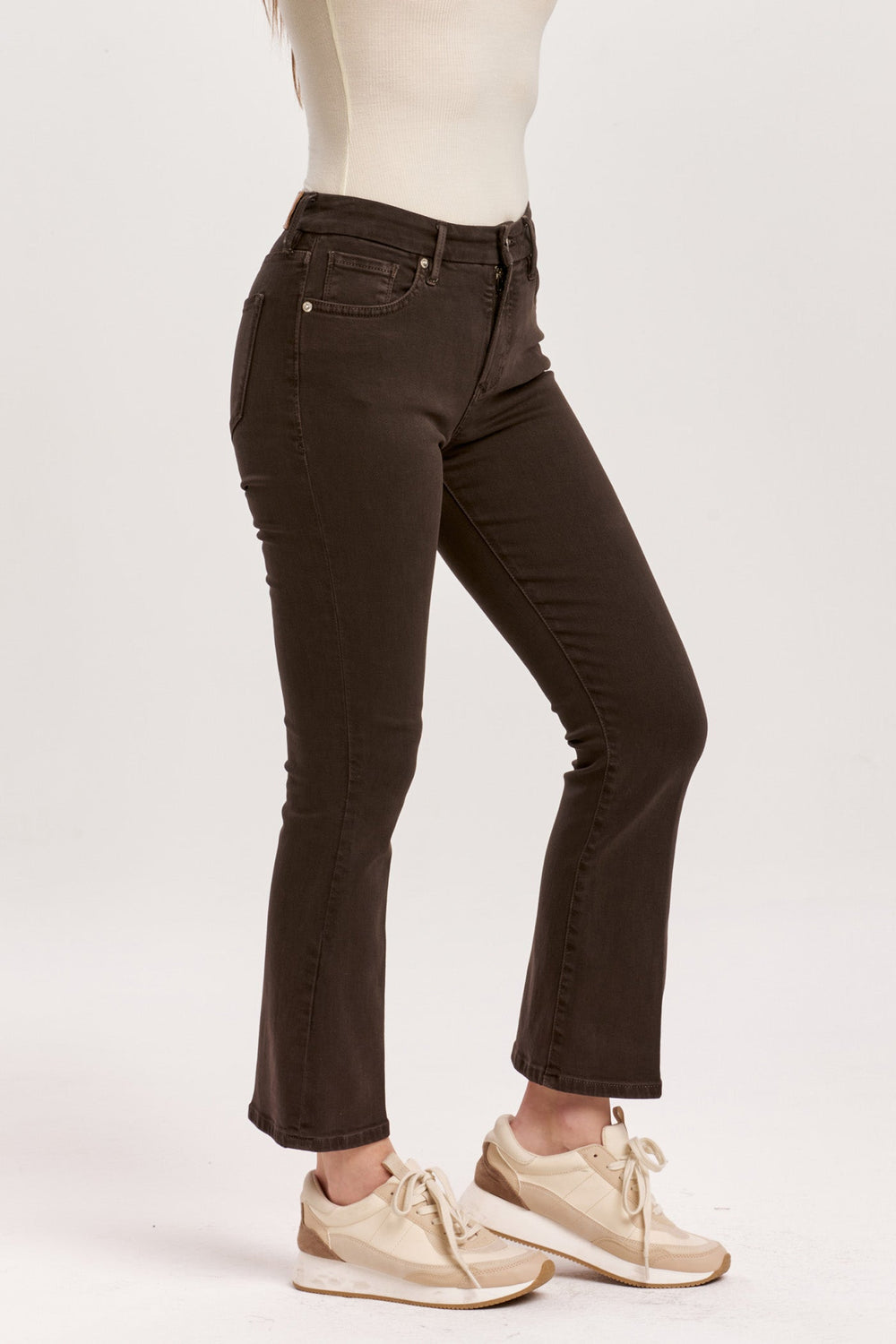 image of a female model wearing a JEANNE HIGH RISE CROPPED FLARE JEANS GROUND COFFEE DEAR JOHN DENIM 