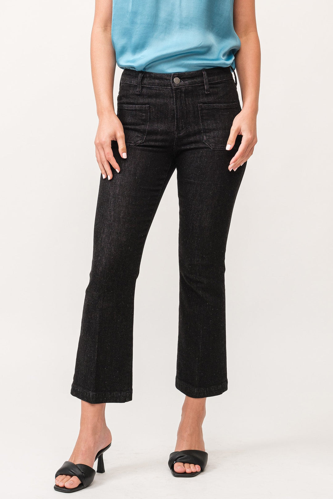 image of a female model wearing a JEANNE MID RISE CLEAN WIDE HEM FLARE PANTS TRUE BLACK DEAR JOHN DENIM 