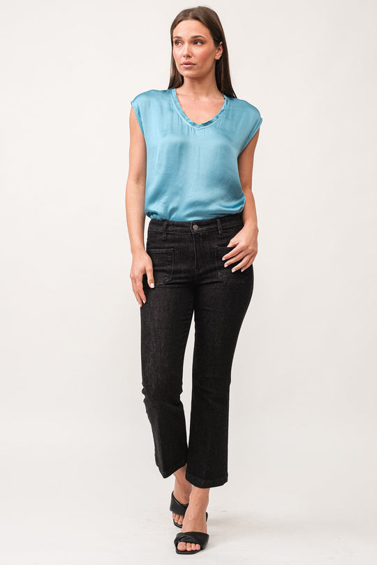 image of a female model wearing a JEANNE MID RISE CLEAN WIDE HEM FLARE PANTS TRUE BLACK DEAR JOHN DENIM 