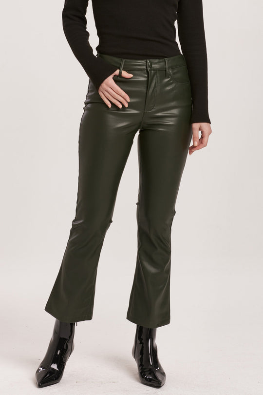 image of a female model wearing a JEANNE SUPER HIGH RISE CROPPED FLARE PANTS HUNTER GREEN VEGAN LEATHER DEAR JOHN DENIM 