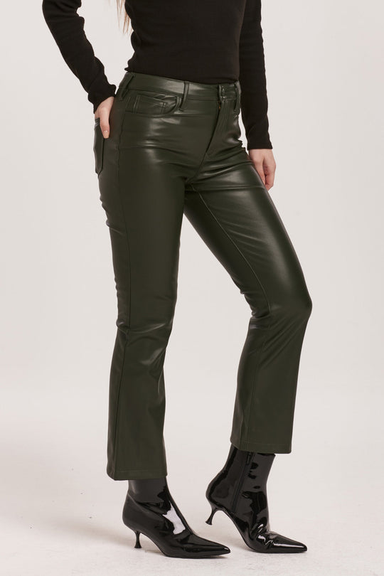 image of a female model wearing a JEANNE SUPER HIGH RISE CROPPED FLARE PANTS HUNTER GREEN VEGAN LEATHER DEAR JOHN DENIM 