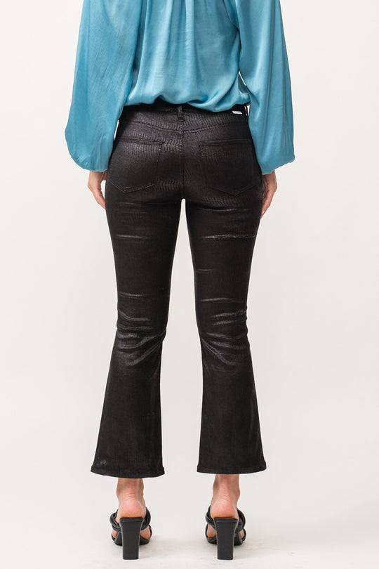 image of a female model wearing a JEANNE MID RISE CLEAN WIDE HEM FLARE PANTS BLACK LICORICE DEAR JOHN DENIM 