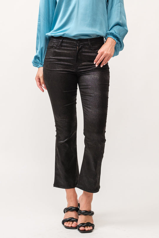 image of a female model wearing a JEANNE MID RISE CLEAN WIDE HEM FLARE PANTS BLACK LICORICE DEAR JOHN DENIM 