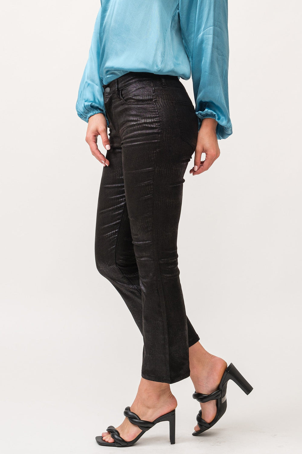 image of a female model wearing a JEANNE MID RISE CLEAN WIDE HEM FLARE PANTS BLACK LICORICE DEAR JOHN DENIM 