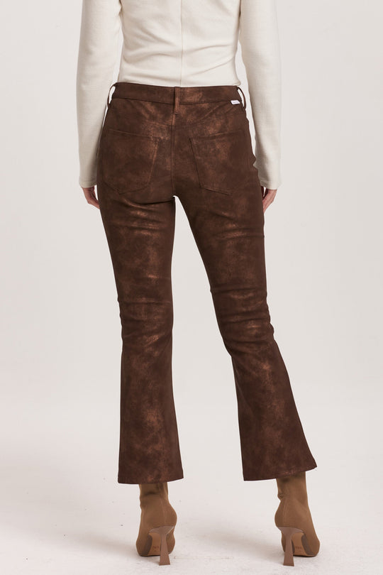 image of a female model wearing a JEANNE SUPER HIGH RISE CROPPED FLARE PANTS BROWN SHIMMER VEGAN LEATHER DEAR JOHN DENIM 