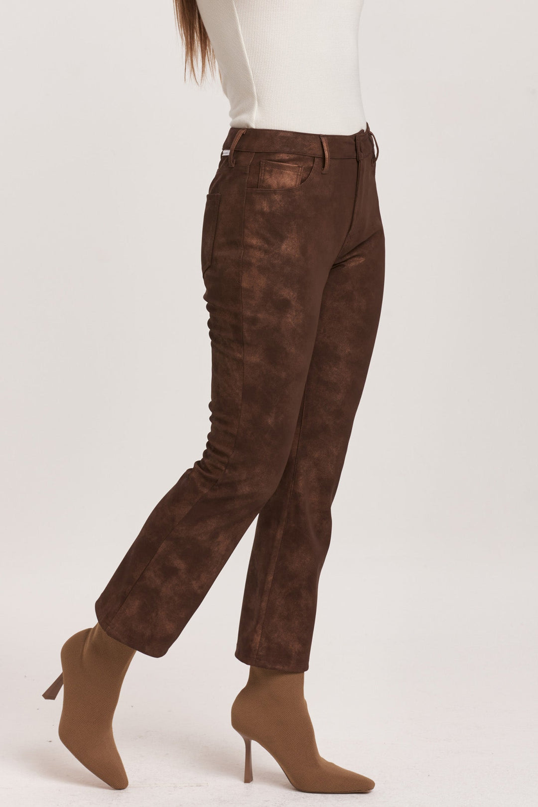 image of a female model wearing a JEANNE SUPER HIGH RISE CROPPED FLARE PANTS BROWN SHIMMER VEGAN LEATHER DEAR JOHN DENIM 