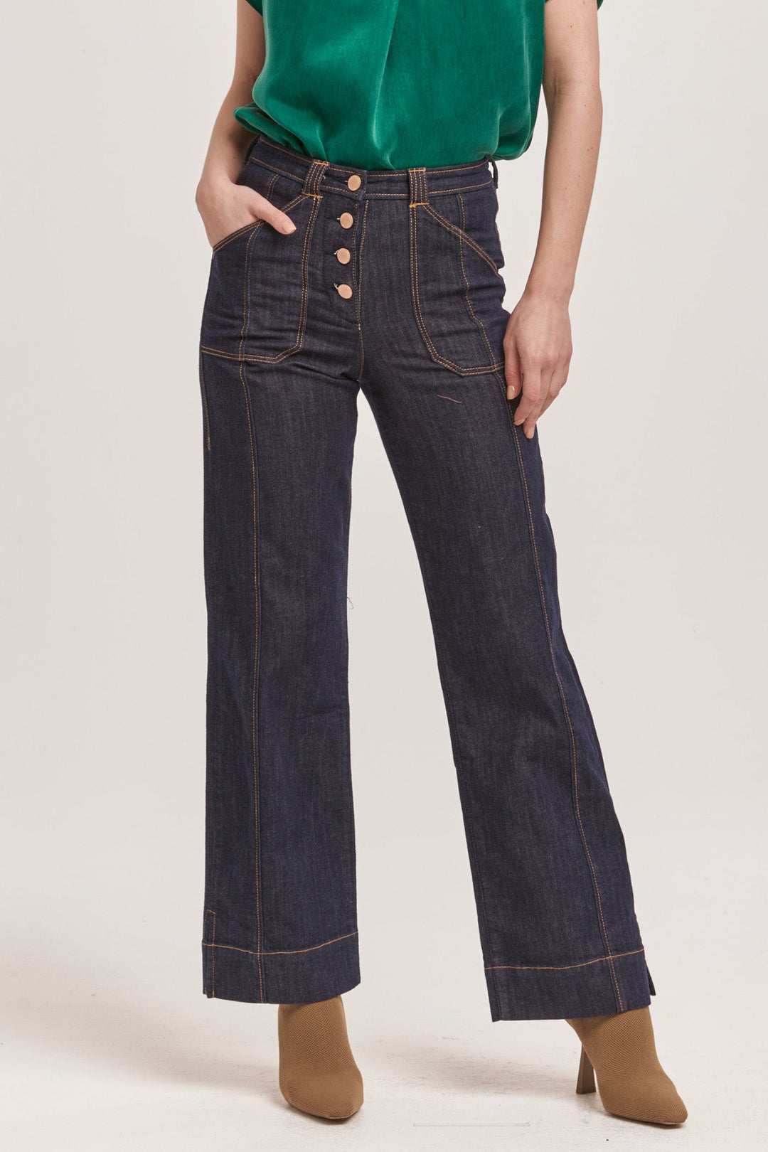 image of a female model wearing a HOLLY SUPER HIGH RISE CUFFED STRAIGHT JEANS DARK DENIM DEAR JOHN DENIM 