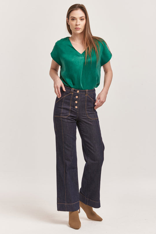 image of a female model wearing a HOLLY SUPER HIGH RISE CUFFED STRAIGHT JEANS DARK DENIM DEAR JOHN DENIM 