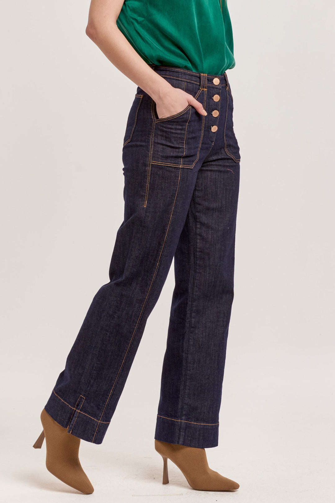 image of a female model wearing a HOLLY SUPER HIGH RISE CUFFED STRAIGHT JEANS DARK DENIM DEAR JOHN DENIM 