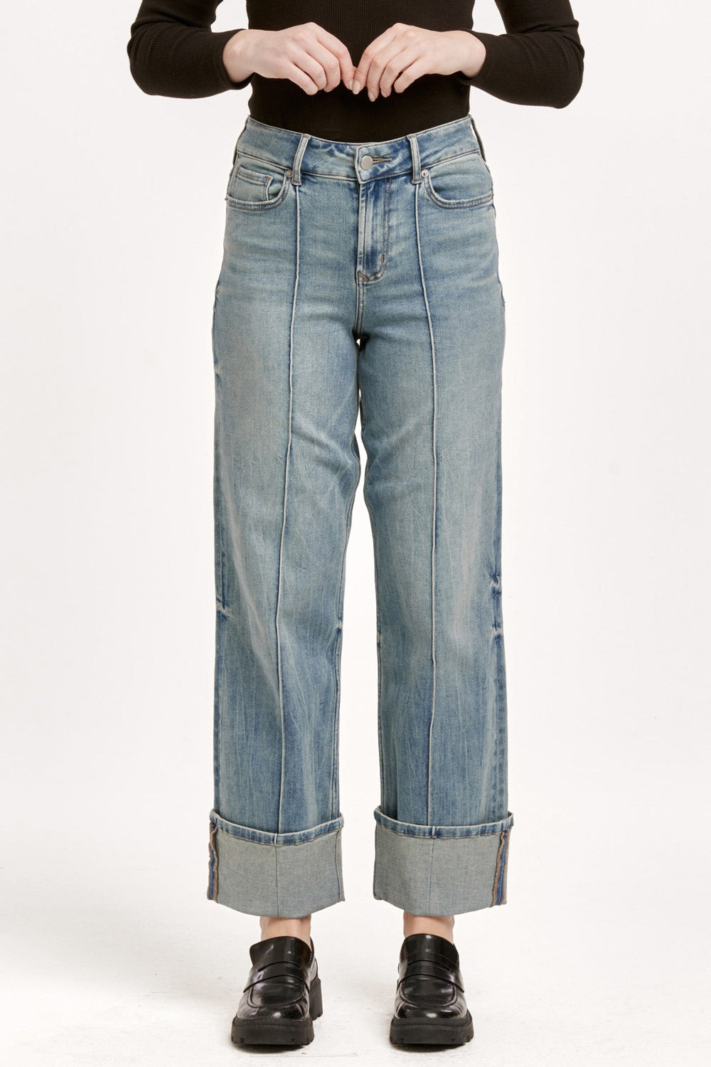 image of a female model wearing a HOLLY SUPER HIGH RISE CUFFED STRAIGHT JEANS PIONEER VALLEY DEAR JOHN DENIM 