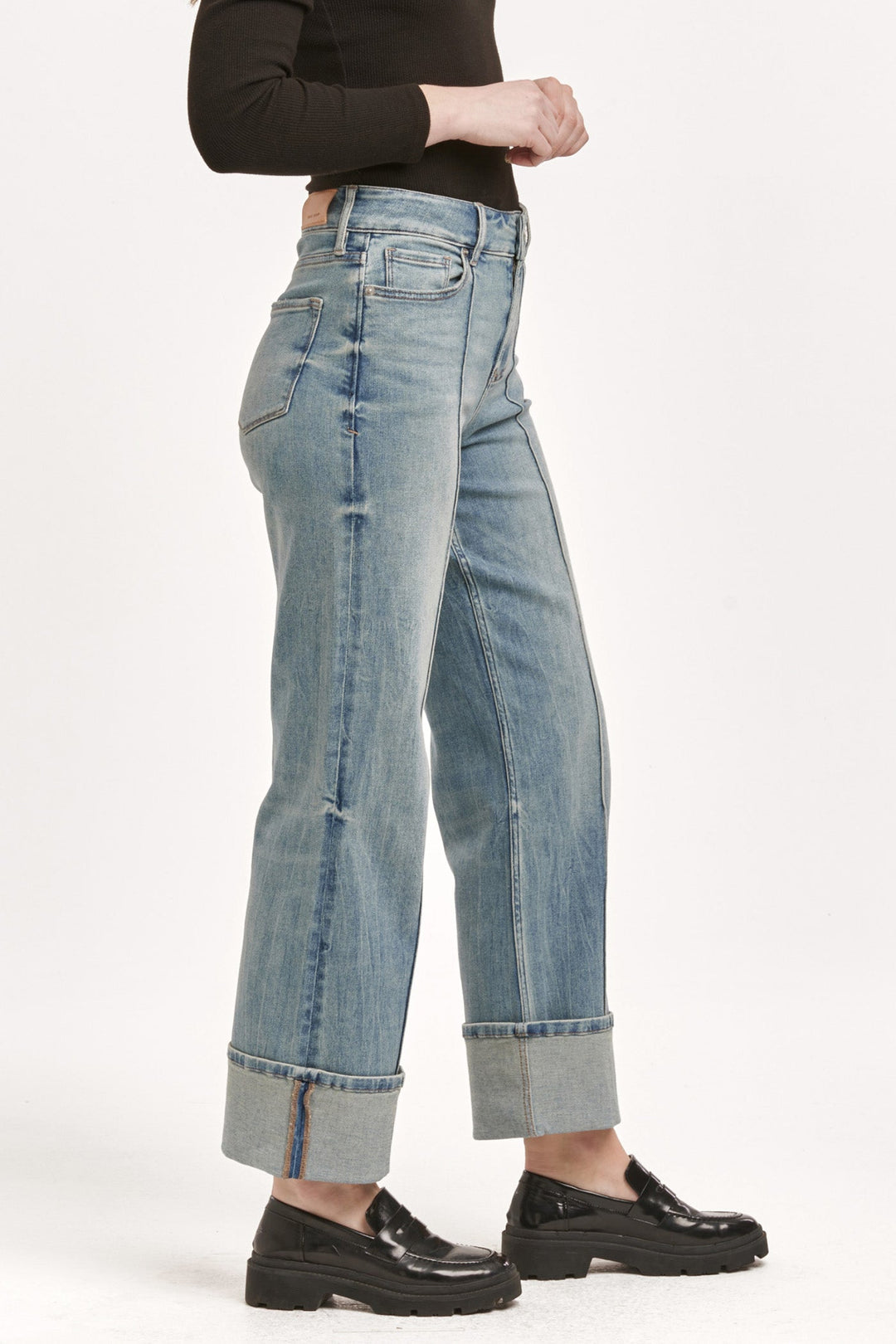 image of a female model wearing a HOLLY SUPER HIGH RISE CUFFED STRAIGHT JEANS PIONEER VALLEY DEAR JOHN DENIM 