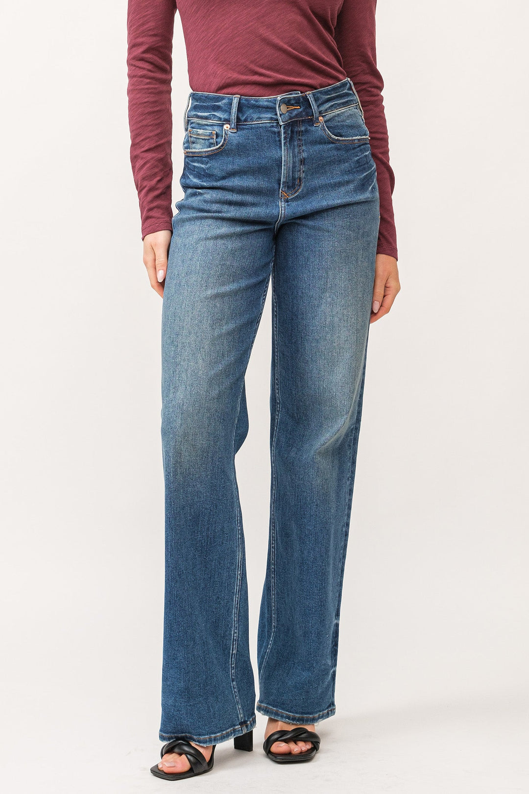 image of a female model wearing a HOLLY HIGH RISE CLEAN HEM STRAIGHT JEANS BADMINTON DEAR JOHN DENIM 