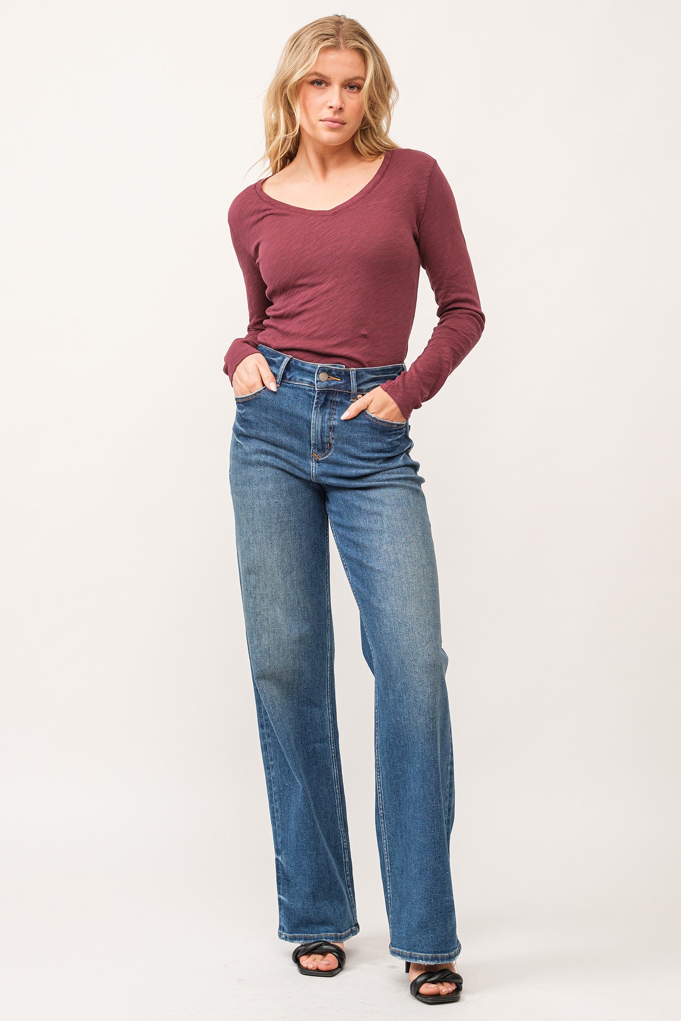 image of a female model wearing a HOLLY HIGH RISE CLEAN HEM STRAIGHT JEANS BADMINTON DEAR JOHN DENIM 