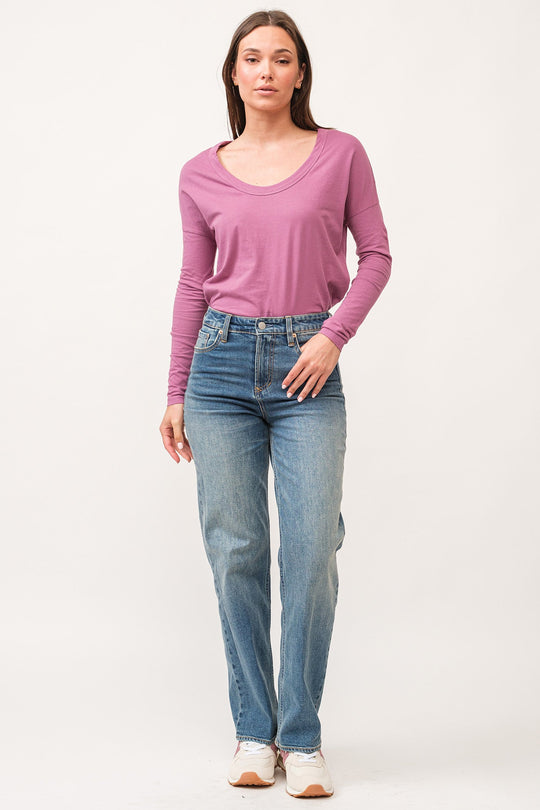 image of a female model wearing a HOLLY HIGH RISE CLEAN HEM STRAIGHT JEANS FALCON DEAR JOHN DENIM 