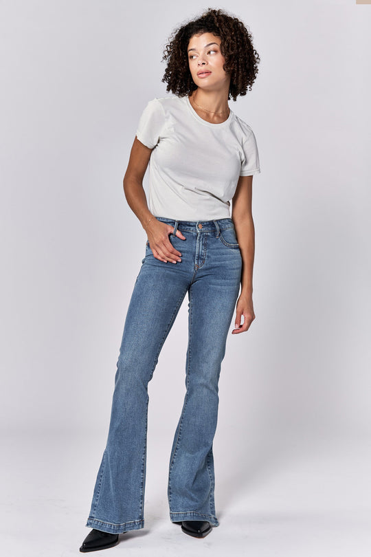 image of a female model wearing a ROSA MID RISE FULL INSEAM FLARE JEANS FONTANA DEAR JOHN DENIM 