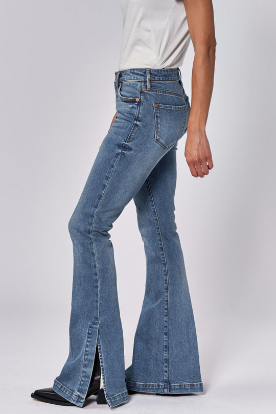 image of a female model wearing a ROSA MID RISE FULL INSEAM FLARE JEANS FONTANA DEAR JOHN DENIM 