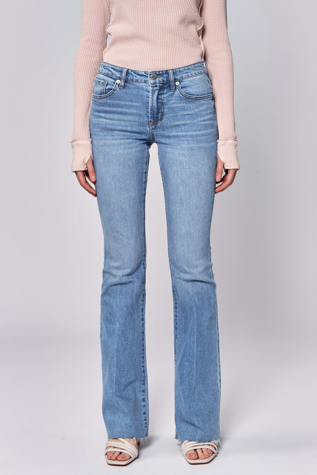 image of a female model wearing a ROSA MID RISE FULL INSEAM FLARE JEANS BELLE DEAR JOHN DENIM 