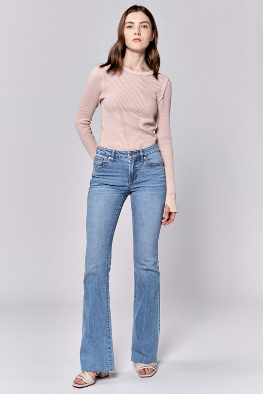 image of a female model wearing a ROSA MID RISE FULL INSEAM FLARE JEANS BELLE DEAR JOHN DENIM 