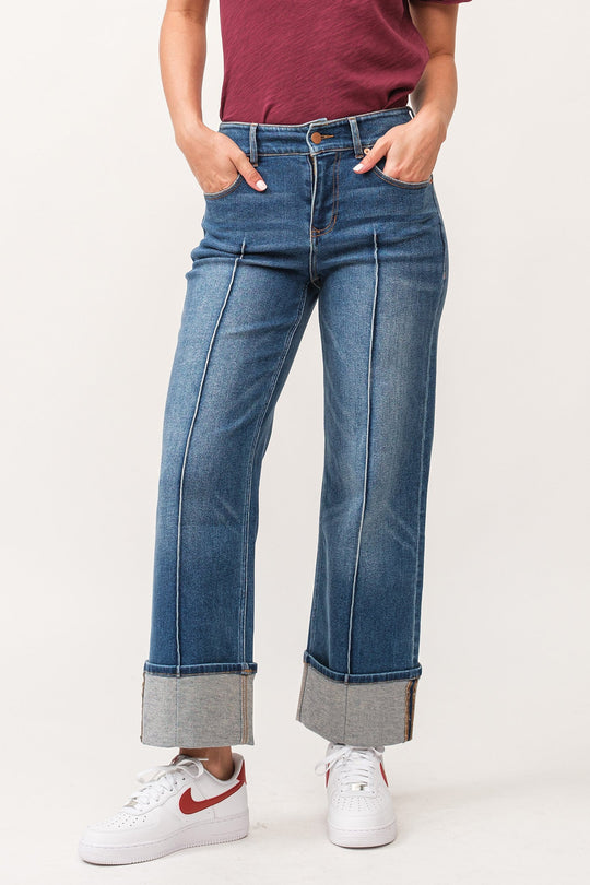 image of a female model wearing a HOLLY HIGH RISE CUFFED HEM STRAIGHT JEANS PROVANCE DEAR JOHN DENIM 