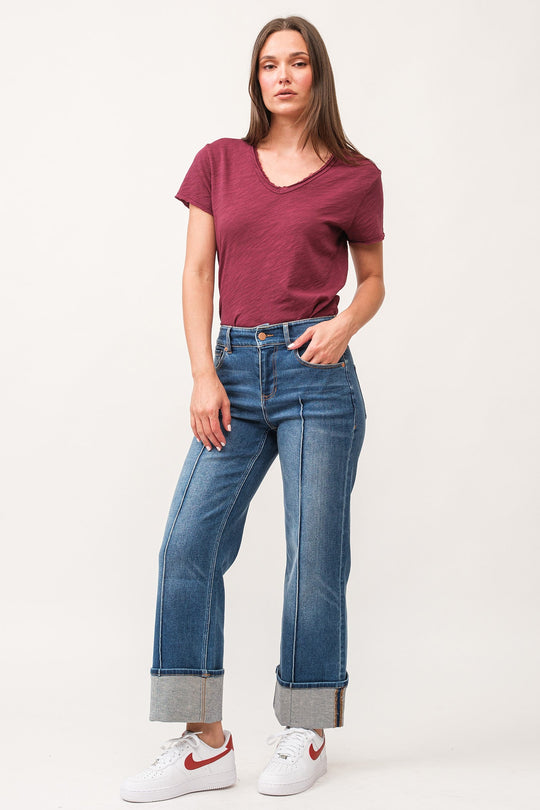 image of a female model wearing a HOLLY HIGH RISE CUFFED HEM STRAIGHT JEANS PROVANCE DEAR JOHN DENIM 