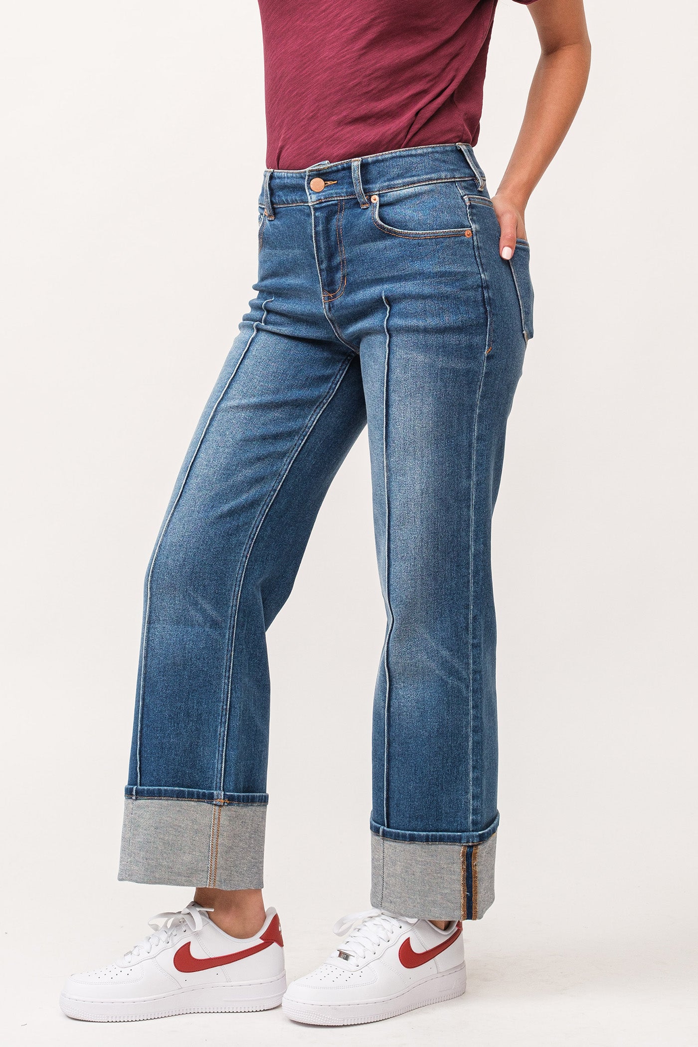 image of a female model wearing a HOLLY HIGH RISE CUFFED HEM STRAIGHT JEANS PROVANCE DEAR JOHN DENIM 