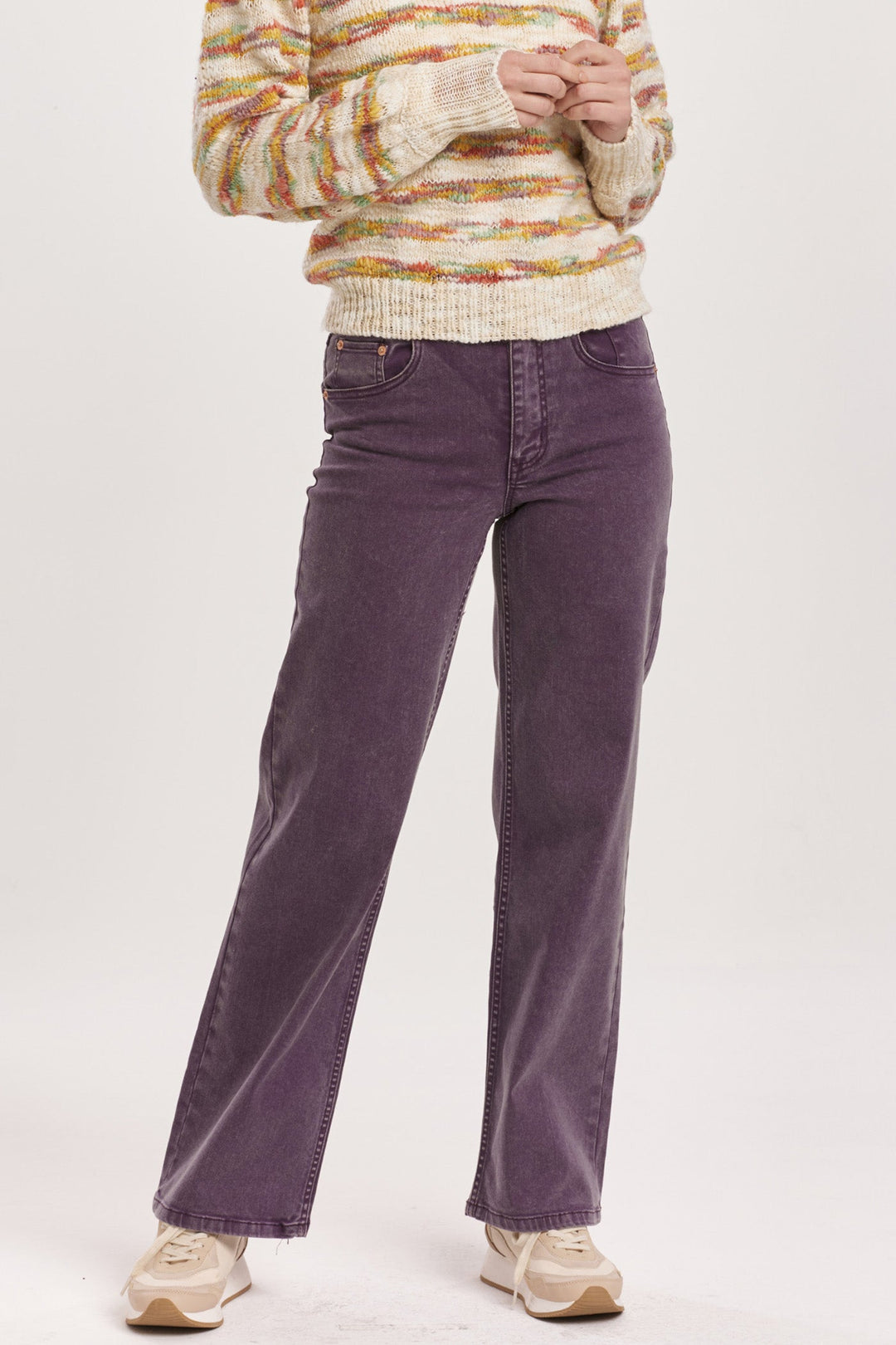 image of a female model wearing a HOLLY SUPER HIGH RISE WIDE HEM STRAIGHT JEANS PURPLE PLUM DEAR JOHN DENIM 