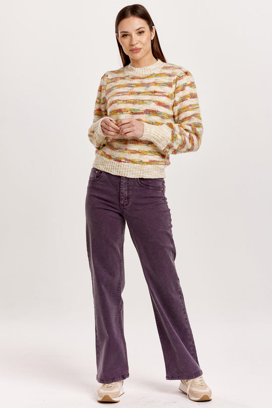 image of a female model wearing a HOLLY SUPER HIGH RISE WIDE HEM STRAIGHT JEANS PURPLE PLUM DEAR JOHN DENIM 