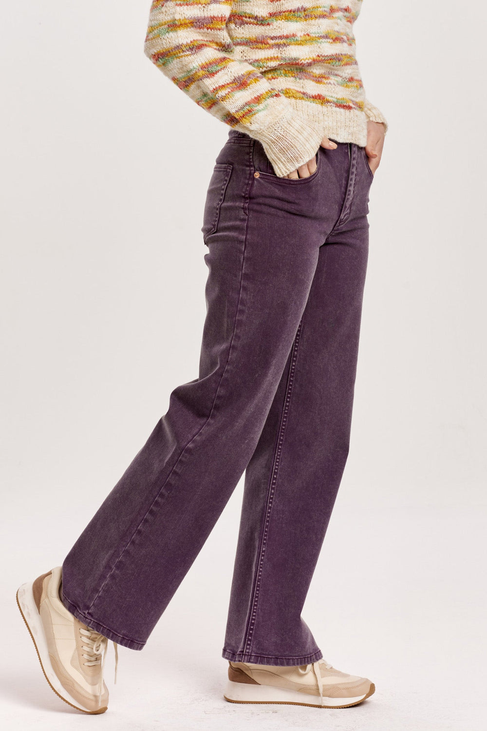 image of a female model wearing a HOLLY SUPER HIGH RISE WIDE HEM STRAIGHT JEANS PURPLE PLUM DEAR JOHN DENIM 