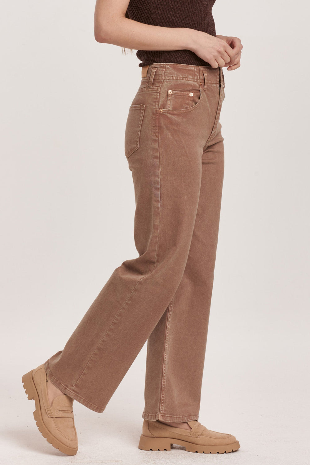 image of a female model wearing a HOLLY SUPER HIGH RISE WIDE HEM STRAIGHT JEANS TOFFEE DEAR JOHN DENIM 