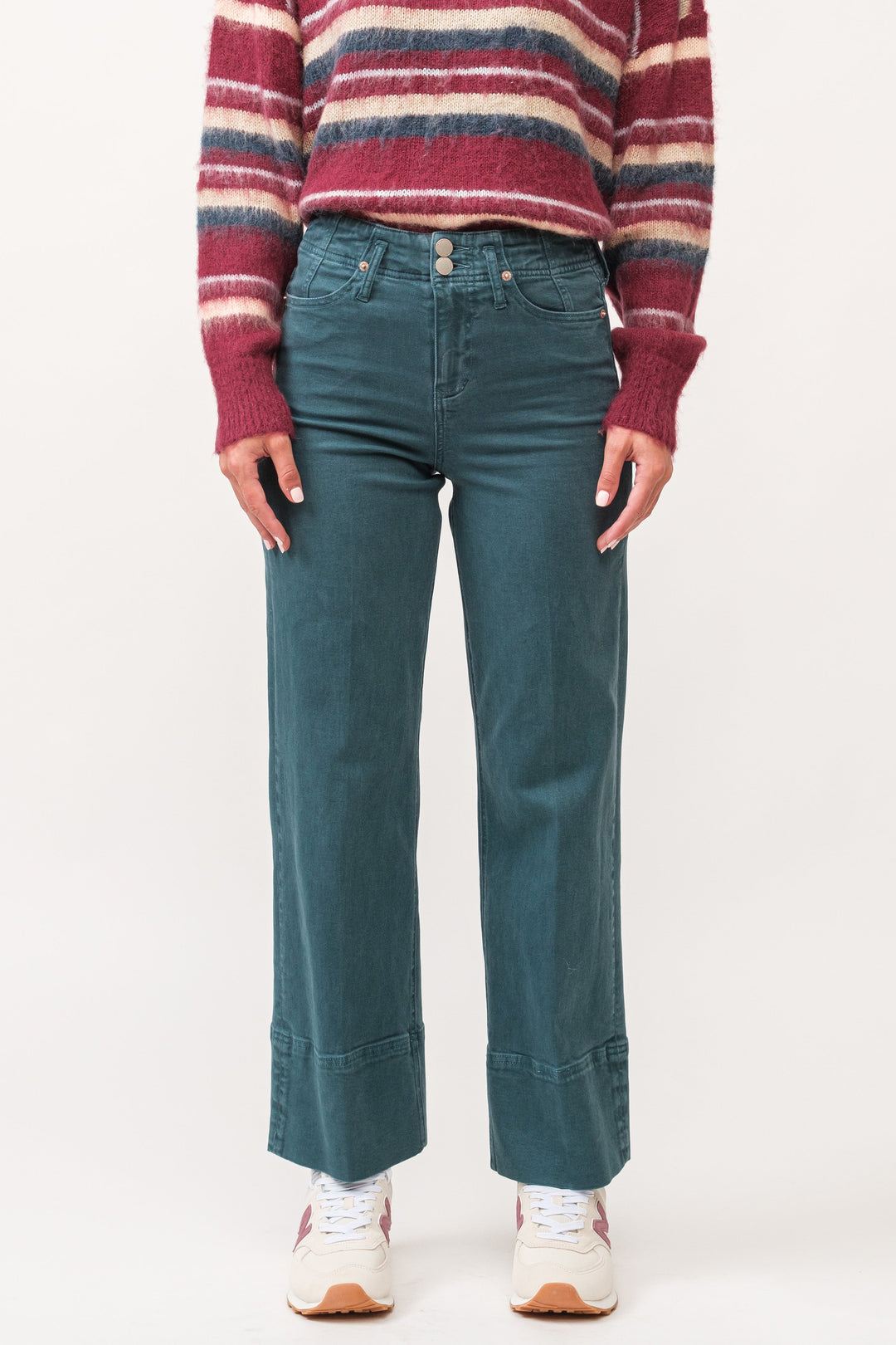 image of a female model wearing a HOLLY HIGH RISE CLEAN HEM STRAIGHT JEANS DEEP TEAL DEAR JOHN DENIM 