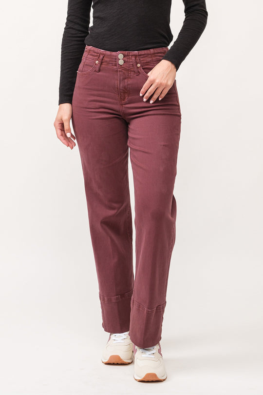 image of a female model wearing a HOLLY HIGH RISE CLEAN HEM STRAIGHT JEANS MAROON DEAR JOHN DENIM 