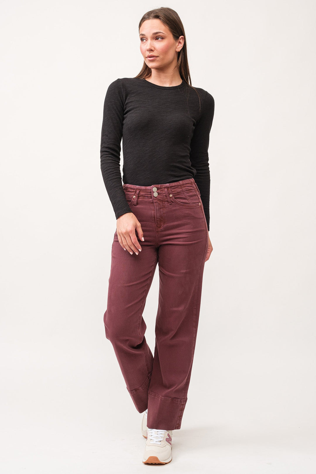 image of a female model wearing a HOLLY HIGH RISE CLEAN HEM STRAIGHT JEANS MAROON DEAR JOHN DENIM 