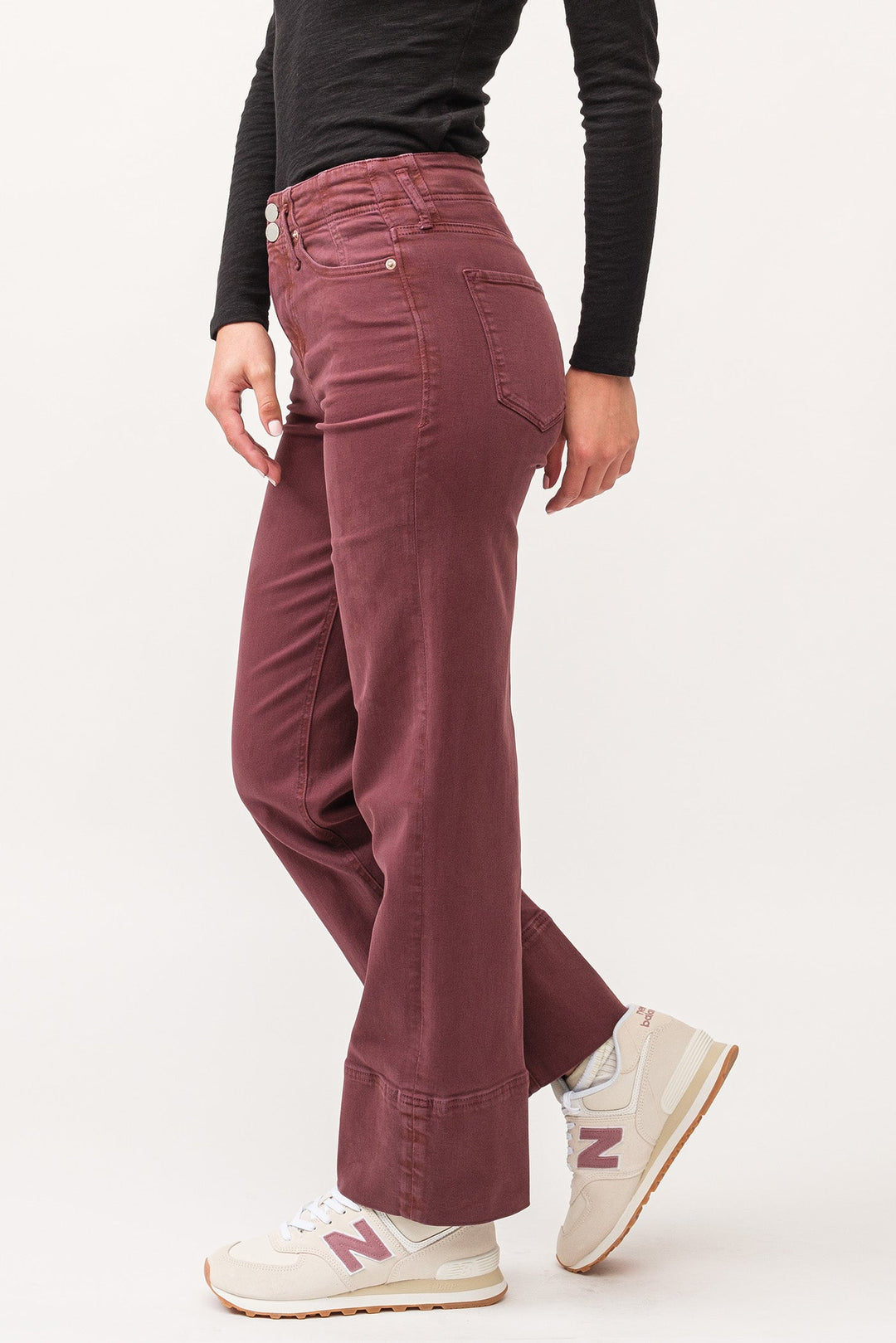 image of a female model wearing a HOLLY HIGH RISE CLEAN HEM STRAIGHT JEANS MAROON DEAR JOHN DENIM 