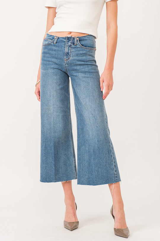 image of a female model wearing a AUDREY SUPER HIGH RISE CROPPED WIDE LEG JEANS EMSHOFF DEAR JOHN DENIM 