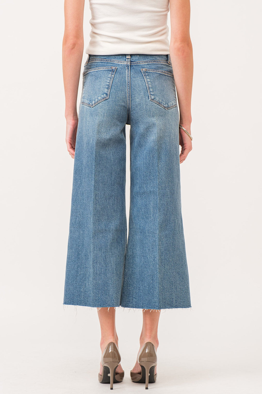 image of a female model wearing a AUDREY SUPER HIGH RISE CROPPED WIDE LEG JEANS EMSHOFF DEAR JOHN DENIM 