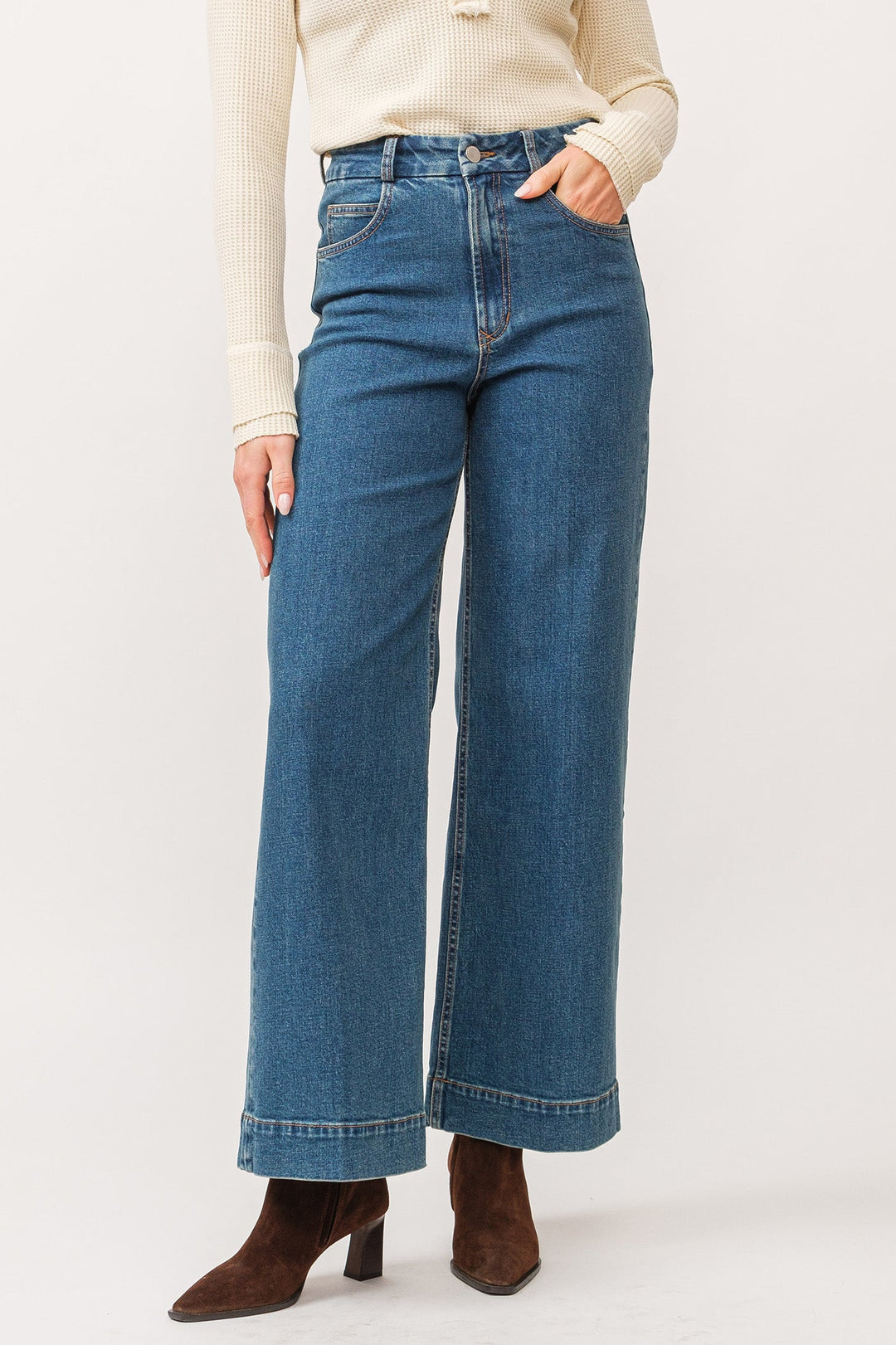 image of a female model wearing a AUDREY HIGH RISE CLEAN HEM WIDE LEG JEANS BLUENOTE DEAR JOHN DENIM 