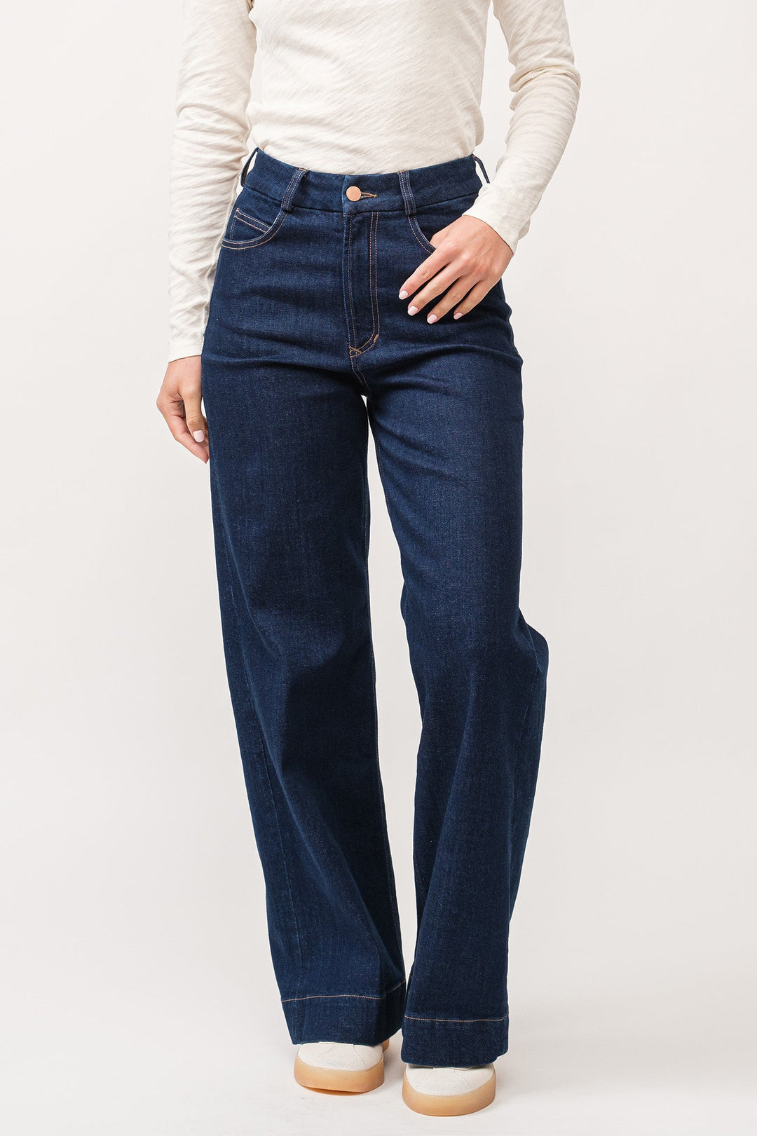 image of a female model wearing a AUDREY HIGH RISE WIDE CLEAN HEM JEANS BLUEWATER DEAR JOHN DENIM 